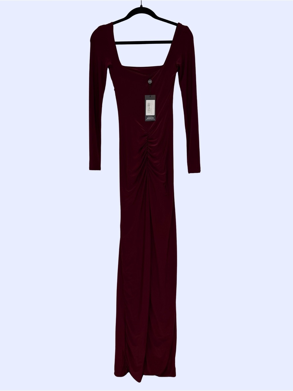 Club L London Burgundy Long Sleeve Square Neck Ruched Maxi Dress - Picture 2 of 12